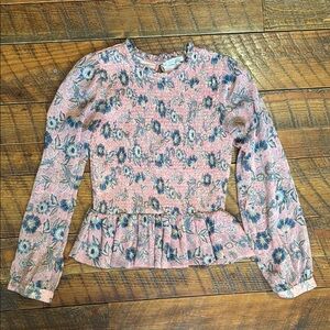 Patrons of Peace Smocked Floral Peplum Pink Long Sleeve Boho Top